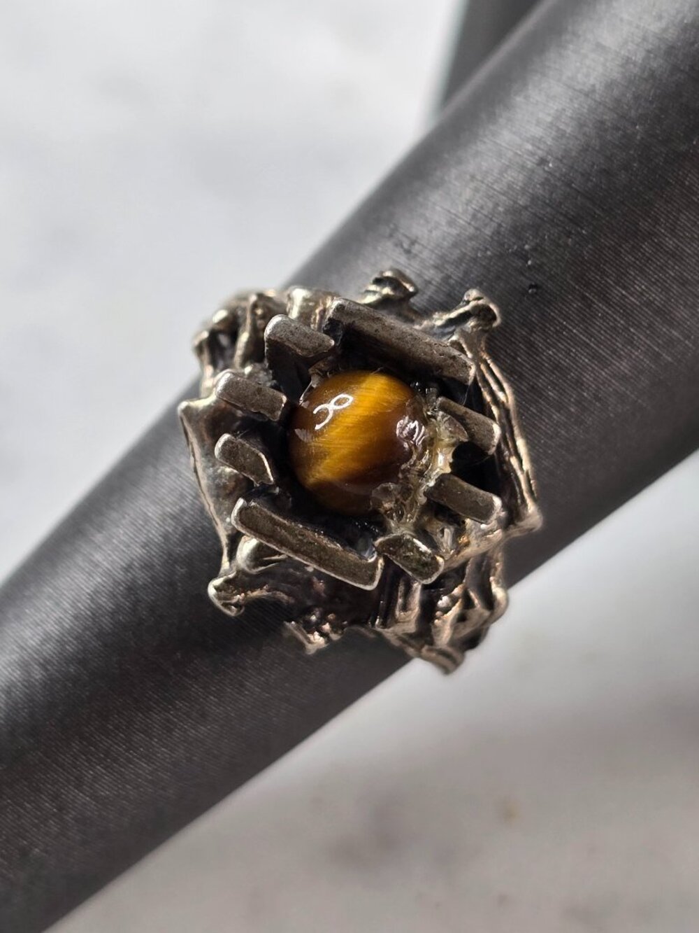 Womens Vintage Estate Sterling Silver Floral Tigers Eye Ring 4.9g E4117